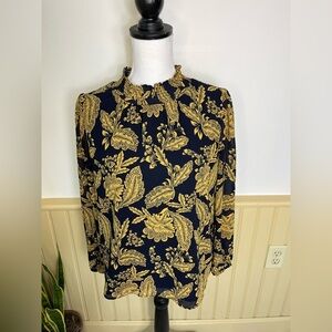 J Crew Smocked Ruched Chiffon Regal Gold Navy Floral Coquette Blouse Women Sz XS